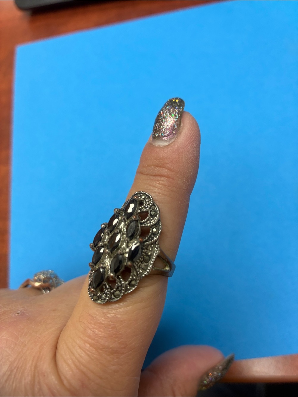 1980 Vintage-Style Black and Silver Marquise Cluster Ring - Women Jewelry